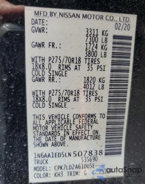 2020 Nissan Titan Sv из США, поврежденный, VIN 1N6AA1ED5LN507838